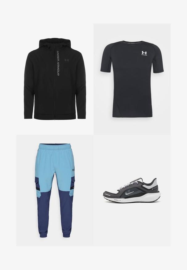 Chaqueta con capucha y cremallera negra hecha de material suave y ligero. Presenta un logotipo reflectante de "UNDER ARMOUR" y una textura lisa.; Camiseta atlética negra de manga corta hecha de un tejido que absorbe la humedad y es elástico. Cuenta con un cuello redondo y un pequeño logo blanco en el pecho.; Pantalones de chándal azul y marino con una cinturilla elástica, bolsillos laterales y detalles de estilo cargo. Fabricados con un tejido suave y transpirable.; Zapatilla deportiva negro y gris con parte superior de malla, acentos reflectantes y una entresuela blanca. Presenta una suela de goma texturizada y cordones.