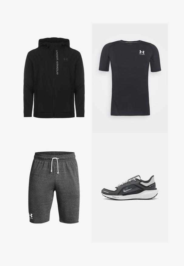 Juodas zip-up gobtuvu džemperis, pagamintas iš minkštos, lengvos medžiagos. Yra atspindintis "UNDER ARMOUR" logotipas ir glotni tekstūra.; Juodas trumpomis rankovėmis sportinis marškinėlis, pagamintas iš drėgmės sugeriančios, tamprios medžiagos. Turi apvalų iškirpimą ir mažą baltą logotipą ant krūtinės.; Tamsiai pilkos sportinės šortai, pagaminti iš tekstūruoto audinio, su elastinga juosmens juosta ir balta juostele, bei logotipu dešiniajame šlaunyje.; Juodas ir pilkas sportinis batelis su tinkleliu viršuje, atspindinčiais akcentais ir balta vidurinė dalimi. Yra tekstūruota guminė išorinė pada ir raišteliai.