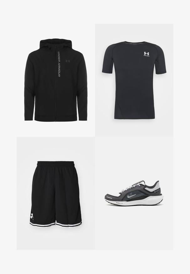 Must must erineva kapuutsiga jakk, mis on valmistatud pehmest ja kergest materjalist. Omab peegeldavat "UNDER ARMOUR" logo ja sujuvat tekstuuri.; Must musta-särk lühikeste varrukatega, valmistatud niiskust eemaldavast, elastsetest kangast. Ümar kaelus ja väikene valge logo rinnal.; Must have elastsed suuraga mustad sportpüksid, mis on valmistatud tekstureeritud kangast. Omavad elastset vööd ja valgeid triipu ääristel. Logo on külgedel.; Mustern ja hallide värvusega spordijalats, millel on võrgusilmast ülemine osa, peegeldavad aktsendid ja valge vaheosa. Omab tekstuuriga kummist välisosa ja kingapaelu.