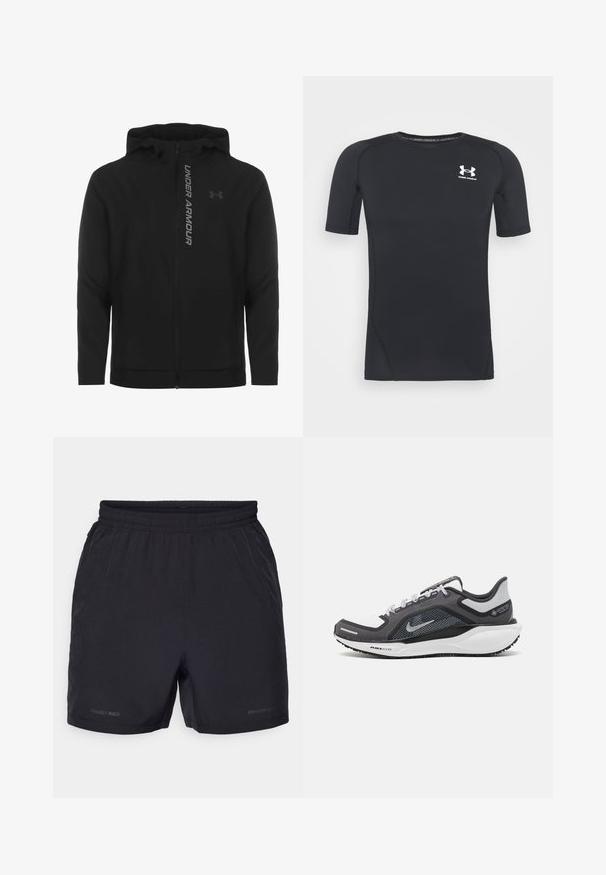 Musta vetoketjulla varustettu huppari, joka on valmistettu pehmeästä ja kevyestä materiaalista. Varustettu heijastavalla "UNDER ARMOUR" -logolla ja sileällä pinnalla.; Musta lyhythihainen urheilupaita, joka on valmistettu kosteutta siirtävästä, joustavasta kankaasta. Paidassa on pyöreä pääntie ja pieni valkoinen logo rinnassa.; Musta urheilushortsit, jotka on valmistettu kevyestä kankaasta. Niissä on joustava vyötärö ja hillitty merkkilogo helman kohdalla, sekä sileä tekstuuri.; Musta ja harmaa urheilukenka, jossa on verkkopäällinen, heijastavat yksityiskohdat ja valkoinen välipohja. Varustettu kuvioidulla kumipohjalla ja nauhoilla.