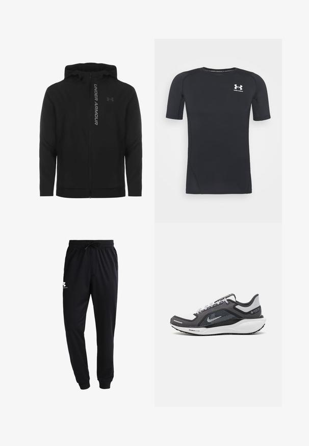 Črna zip-up kapuca izdelana iz mehkega, lahkotnega materiala. Ima odsevni logo "UNDER ARMOUR" in gladko teksturo.; Črna kratka športna majica z dolgimi rokavi iz tkanine, ki odvaja vlago in je raztegljiva. Ima okroglo ovratnico in majhen beli logotip na prsih.; Črne trenirke iz mešanice bombaža; elastičen pas z vrvico, zožene hlačnice in bel logotip na levi stegni. Mehka tekstura.; Črne in sive atletske čevlje z mrežasto zgornjim delom, odsevnimi detajli in belim srednjim podplatom. Imajo strukturiran gumijast podplat in vezalke.