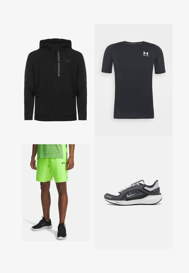 Černá zipová mikina s kapucí vyrobená z měkkého, lehkého materiálu. Obsahuje odrazový logo "UNDER ARMOUR" a hladkou texturu.; Černé sportovní tričko s krátkým rukávem vyrobené z materiálu odvádějícího vlhkost a pružného tkaniny. Má kulatý výstřih a malé bílé logo na prsou.; Neonově zelené sportovní kraťasy s elastickým pasem a bočními kapsami, doplněné o černé běžecké boty s texturovaným svrškem a bílými podrážkami.; Černá a šedá sportovní obuv s vrškem z prodyšné síťoviny, reflexními akcenty a bílou mezipodešví. Obsahuje texturovanou gumovou podrážku a tkaničky.