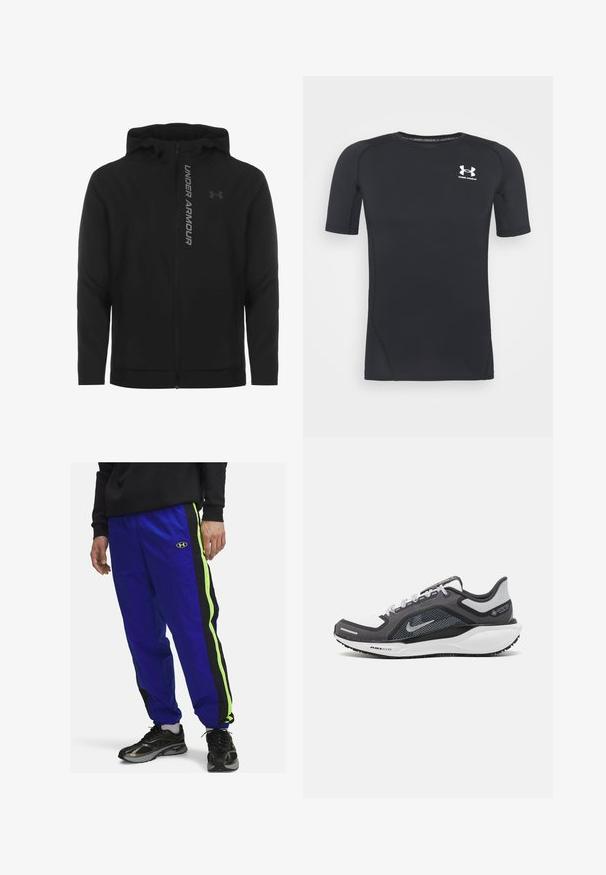 Czarna kurtka z kapturem zapinana na zamek, wykonana z miękkiego, lekkiego materiału. Posiada odblaskowe logo "UNDER ARMOUR" i gładką fakturę.; Czarny, krótki rękaw, sportowa koszulka wykonana z odprowadzającego wilgoć, elastycznego materiału. Posiada okrągły dekolt i małe białe logo na piersi.; Niebieskie spodnie dresowe z nylonu posiadają czarne i neonowozielone paski po bokach; zawierają haftowane logo w pobliżu talii; elastyczny pas i mankiety.; Czarne i szare buty sportowe z siateczkową cholewką, odblaskowymi akcentami i białą podeszwą środkową. Posiadają teksturowaną gumową podeszwę i sznurowadła.