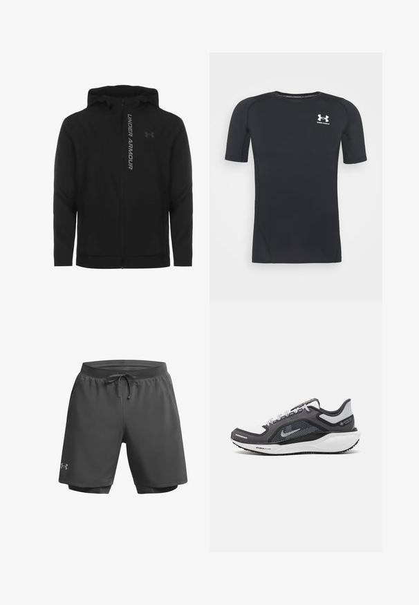 Schwarze, leichte Kapuzenjacke mit Reißverschluss aus weichem Material. Ausgestattet mit reflektierendem "UNDER ARMOUR"-Logo und einer glatten Struktur.; Schwarzes kurzärmliges Sportshirt aus feuchtigkeitsableitendem, elastischem Material. Verfügt über einen runden Halsausschnitt und ein kleines weißes Logo auf der Brust.; Dunkelgraue Sportshorts mit elastischem Bund, verstellbarem Kordelzug und innerer Mesh-Fütterung; verfügt über dezente Markierungen am linken Bein.; Schwarzer und grauer Sportschuh mit einem Mesh-Obermaterial, reflektierenden Akzenten und einer weißen Zwischensohle. Verfügt über eine strukturierte Gummisohle und Schnürsenkel.
