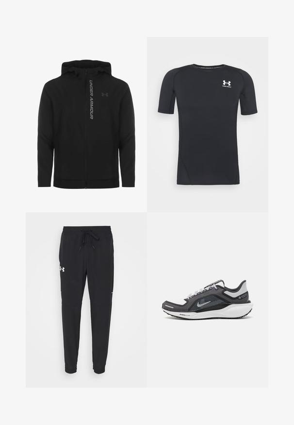 Črna zip-up kapuca izdelana iz mehkega, lahkotnega materiala. Ima odsevni logo "UNDER ARMOUR" in gladko teksturo.; Črna kratka športna majica z dolgimi rokavi iz tkanine, ki odvaja vlago in je raztegljiva. Ima okroglo ovratnico in majhen beli logotip na prsih.; Črne atletske hlače z elastičnim pasom in vrvico, zoženi hlačnici, stranskimi žepi in belim logotipom na levem stegnu.; Črne in sive atletske čevlje z mrežasto zgornjim delom, odsevnimi detajli in belim srednjim podplatom. Imajo strukturiran gumijast podplat in vezalke.