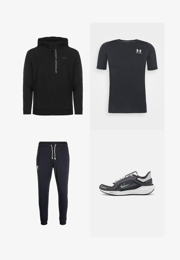 Juodas zip-up gobtuvu džemperis, pagamintas iš minkštos, lengvos medžiagos. Yra atspindintis "UNDER ARMOUR" logotipas ir glotni tekstūra.; Juodas trumpomis rankovėmis sportinis marškinėlis, pagamintas iš drėgmės sugeriančios, tamprios medžiagos. Turi apvalų iškirpimą ir mažą baltą logotipą ant krūtinės.; Jūriniai džinsai su elastinga juosmeniu ir reguliuojamu raišteliu. Yra baltas logotipas ant kairio žandikaulio ir siaurėjančios kulkšnies kraštai.; Juodas ir pilkas sportinis batelis su tinkleliu viršuje, atspindinčiais akcentais ir balta vidurinė dalimi. Yra tekstūruota guminė išorinė pada ir raišteliai.