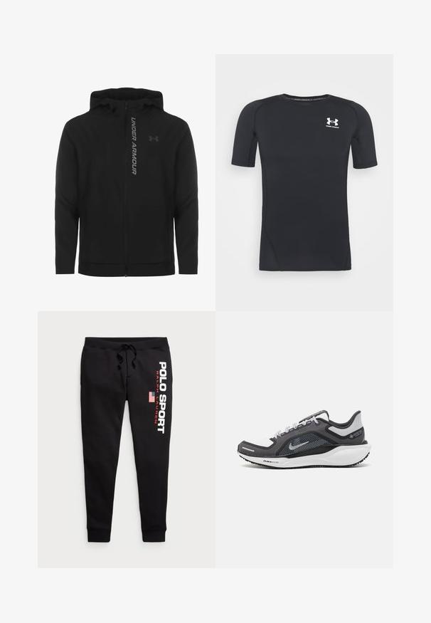 Svart zip-up huva jacka gjord av mjukt, lätt material. Har reflektiv "UNDER ARMOUR"-logotyp och en slät textur.; Svart kortärmad atletisk tröja gjord av fukttransporterande, elastisk tyg. Har en rund halsringning och en liten vit logotyp på bröstet.; Polo Ralph Lauren POLO SPORT JOGGERS - Träningsbyxor - black/white; Svart och grå atletisk sko med ovandel i mesh, reflexdetaljer och en vit mellansula. Har en strukturerad gummisula och skosnören.