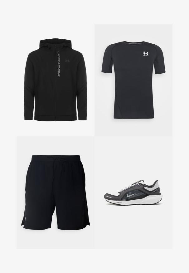 Schwarze, leichte Kapuzenjacke mit Reißverschluss aus weichem Material. Ausgestattet mit reflektierendem "UNDER ARMOUR"-Logo und einer glatten Struktur.; Schwarzes kurzärmliges Sportshirt aus feuchtigkeitsableitendem, elastischem Material. Verfügt über einen runden Halsausschnitt und ein kleines weißes Logo auf der Brust.; Schwarze Sportshorts aus leichtem Material, mit einem elastischen Bund und Kordelzug sowie seitlichen Netzpaneelen zur Belüftung.; Schwarzer und grauer Sportschuh mit einem Mesh-Obermaterial, reflektierenden Akzenten und einer weißen Zwischensohle. Verfügt über eine strukturierte Gummisohle und Schnürsenkel.