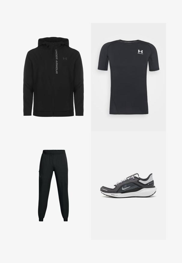 Veste à capuche zippée noire en matériau doux et léger. Arborant un logo "UNDER ARMOUR" réfléchissant et une texture lisse.; T-shirt de sport noir à manches courtes, fabriqué en tissu extensible à évacuation de l'humidité. Il possède un col rond et un petit logo blanc sur la poitrine.; Pantalons de sport noirs avec une taille élastique, un design de jambe fuselée, des poches latérales et des détails de panneaux contrastants. Tissu léger et lisse.; Baskets de sport noires et grises avec un empeigne en maille, des accents réfléchissants et un intermédiaire blanc. Comprend une semelle extérieure en caoutchouc texturé et des lacets.