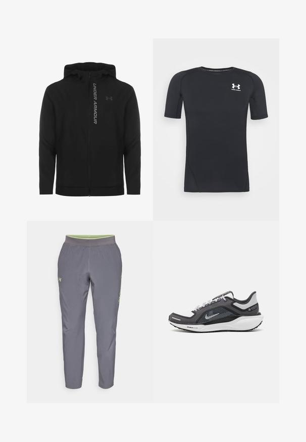 Melnā ar rāvējslēdzēju aizverama kapučjaka, kas izgatavota no mīksta, viegla materiāla. Tam ir atstarojošs "UNDER ARMOUR" logotips un gluda virsma.; Melnas īsās piedurknes sporta krekliņš izgatavots no mitrumu absorbējoša, elastīga auduma. Tam ir apaļa kakla izgriezuma forma un neliels balts logo krūšu rajonā.; Under Armour LAUNCH - Treniņtērpa apakšdaļas - castlerock/morph green; Melnas un pelēkas sporta kurpes ar tīklu augšdaļu, atstarojošiem akcentiem un baltu starpzoli. Aprīkotas ar teksturētu gumijas zoli un šņorēm.