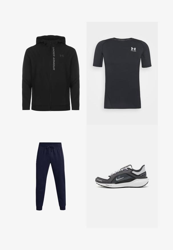 Melnā ar rāvējslēdzēju aizverama kapučjaka, kas izgatavota no mīksta, viegla materiāla. Tam ir atstarojošs "UNDER ARMOUR" logotips un gluda virsma.; Melnas īsās piedurknes sporta krekliņš izgatavots no mitrumu absorbējoša, elastīga auduma. Tam ir apaļa kakla izgriezuma forma un neliels balts logo krūšu rajonā.; Jūras spēku jogger bikses, kas izgatavotas no mīksta auduma, ar elastīgu jostasvīru un auklu, kā arī ribotām aprocēm pie potītes.; Melnas un pelēkas sporta kurpes ar tīklu augšdaļu, atstarojošiem akcentiem un baltu starpzoli. Aprīkotas ar teksturētu gumijas zoli un šņorēm.