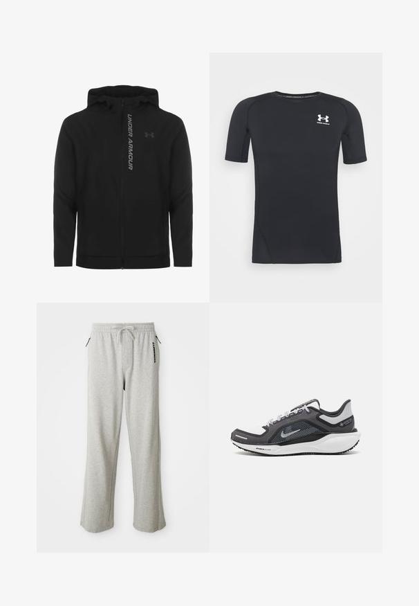 Juodas zip-up gobtuvu džemperis, pagamintas iš minkštos, lengvos medžiagos. Yra atspindintis "UNDER ARMOUR" logotipas ir glotni tekstūra.; Juodas trumpomis rankovėmis sportinis marškinėlis, pagamintas iš drėgmės sugeriančios, tamprios medžiagos. Turi apvalų iškirpimą ir mažą baltą logotipą ant krūtinės.; Pilkos sportinės kelnės, pagamintos iš minkštos medžiagos, su raišteliu juosmens, šoninėmis kišenėmis ir spaudiniu logo kairėje kojoje.; Juodas ir pilkas sportinis batelis su tinkleliu viršuje, atspindinčiais akcentais ir balta vidurinė dalimi. Yra tekstūruota guminė išorinė pada ir raišteliai.