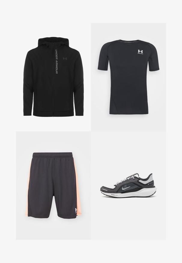 Black zip-up hooded jacket made of soft, lightweight material. Features reflective "UNDER ARMOUR" logo and a smooth texture.; Black short-sleeve athletic shirt made of moisture-wicking, stretchy fabric. Features a round neckline and a small white logo on the chest.; Black athletic shorts with peach side panels and elastic waistband, featuring a white Under Armour logo on the lower left leg.; Black and gray athletic shoe with a mesh upper, reflective accents, and a white midsole. Features textured rubber outsole and laces.