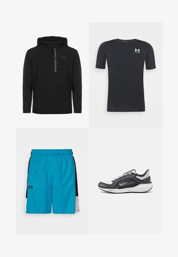 Schwarze, leichte Kapuzenjacke mit Reißverschluss aus weichem Material. Ausgestattet mit reflektierendem "UNDER ARMOUR"-Logo und einer glatten Struktur.; Schwarzes kurzärmliges Sportshirt aus feuchtigkeitsableitendem, elastischem Material. Verfügt über einen runden Halsausschnitt und ein kleines weißes Logo auf der Brust.; Türkise Sportshorts mit schwarzen Seitenpaneelen, elastischem Bund und kleinem schwarzen Logo am linken Bein. Glattes, leichtes Material.; Schwarzer und grauer Sportschuh mit einem Mesh-Obermaterial, reflektierenden Akzenten und einer weißen Zwischensohle. Verfügt über eine strukturierte Gummisohle und Schnürsenkel.