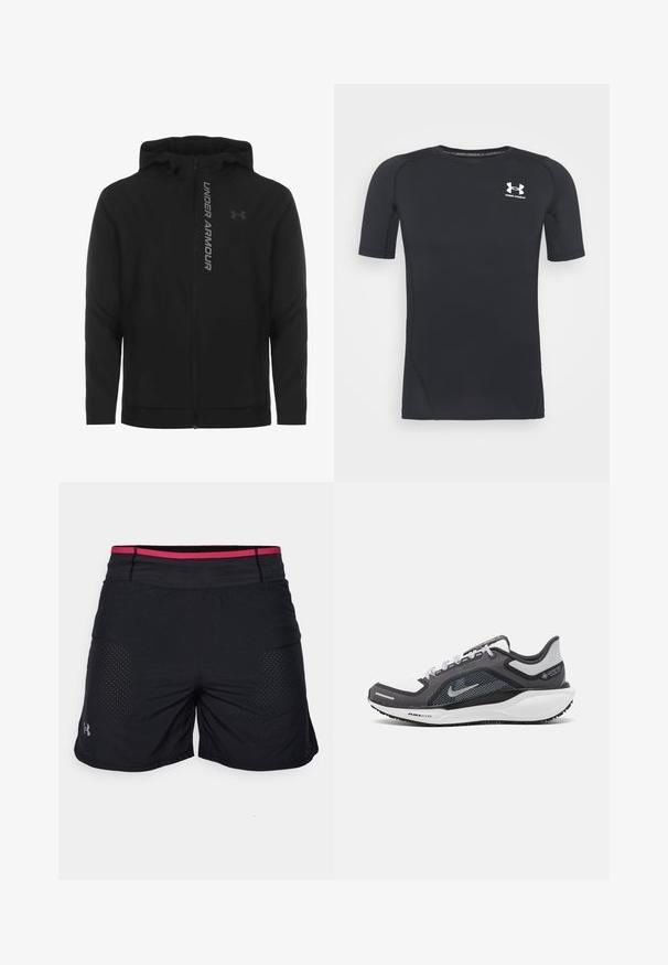 Must must erineva kapuutsiga jakk, mis on valmistatud pehmest ja kergest materjalist. Omab peegeldavat "UNDER ARMOUR" logo ja sujuvat tekstuuri.; Must musta-särk lühikeste varrukatega, valmistatud niiskust eemaldavast, elastsetest kangast. Ümar kaelus ja väikene valge logo rinnal.; Mustadad mustrikad, roosa vöökoht, auguline kangas ventilatsiooniks ja logo vasakul alakul.; Mustern ja hallide värvusega spordijalats, millel on võrgusilmast ülemine osa, peegeldavad aktsendid ja valge vaheosa. Omab tekstuuriga kummist välisosa ja kingapaelu.