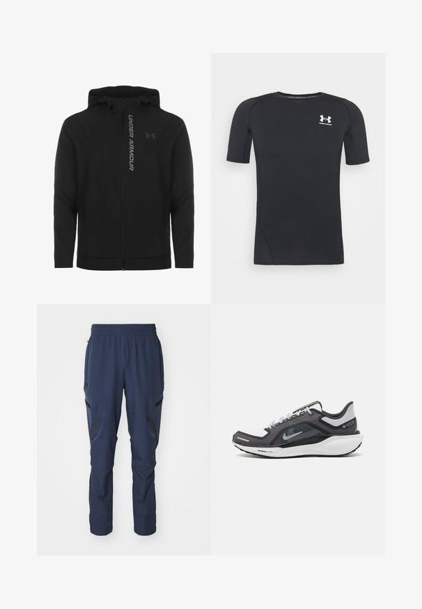 Črna zip-up kapuca izdelana iz mehkega, lahkotnega materiala. Ima odsevni logo "UNDER ARMOUR" in gladko teksturo.; Črna kratka športna majica z dolgimi rokavi iz tkanine, ki odvaja vlago in je raztegljiva. Ima okroglo ovratnico in majhen beli logotip na prsih.; Pantaloni za šport v mornarsko modri barvi z elastičnim pasom, z zadrgami na stranskih žepih in črnimi poudarki na spodnjem delu nog. Gladek, lahek material.; Črne in sive atletske čevlje z mrežasto zgornjim delom, odsevnimi detajli in belim srednjim podplatom. Imajo strukturiran gumijast podplat in vezalke.