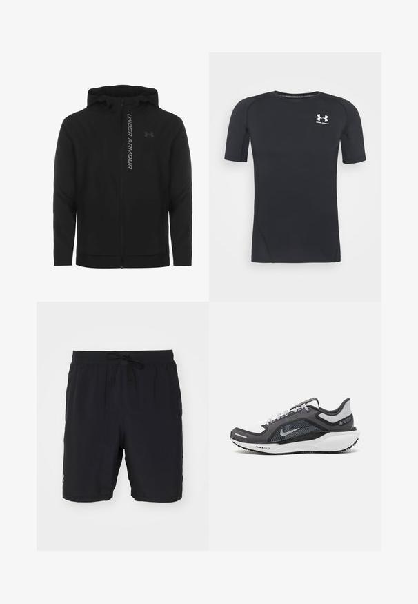 Must must erineva kapuutsiga jakk, mis on valmistatud pehmest ja kergest materjalist. Omab peegeldavat "UNDER ARMOUR" logo ja sujuvat tekstuuri.; Must musta-särk lühikeste varrukatega, valmistatud niiskust eemaldavast, elastsetest kangast. Ümar kaelus ja väikene valge logo rinnal.; Mustad mustefilmid, mis on valmistatud kerge kangaga, näga elastne vöökoht koos nöörriga, küljetaskud ja diskreetne logodetail.; Mustern ja hallide värvusega spordijalats, millel on võrgusilmast ülemine osa, peegeldavad aktsendid ja valge vaheosa. Omab tekstuuriga kummist välisosa ja kingapaelu.