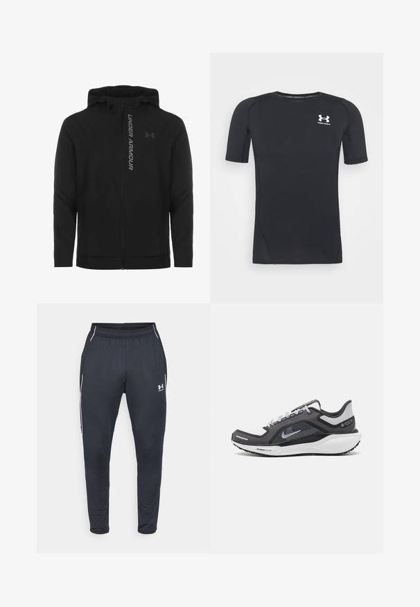 Melnā ar rāvējslēdzēju aizverama kapučjaka, kas izgatavota no mīksta, viegla materiāla. Tam ir atstarojošs "UNDER ARMOUR" logotips un gluda virsma.; Melnas īsās piedurknes sporta krekliņš izgatavots no mitrumu absorbējoša, elastīga auduma. Tam ir apaļa kakla izgriezuma forma un neliels balts logo krūšu rajonā.; Melnas sporta bikses, izgatavotas no gludas auduma, ar elastīgu jostasvietu, sašaurinātām kājām un baltām sānu joslām. Iekļauta Under Armour logotips.; Melnas un pelēkas sporta kurpes ar tīklu augšdaļu, atstarojošiem akcentiem un baltu starpzoli. Aprīkotas ar teksturētu gumijas zoli un šņorēm.
