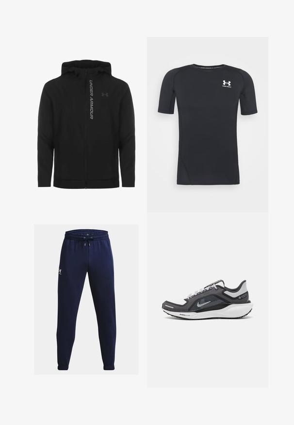 Juodas zip-up gobtuvu džemperis, pagamintas iš minkštos, lengvos medžiagos. Yra atspindintis "UNDER ARMOUR" logotipas ir glotni tekstūra.; Juodas trumpomis rankovėmis sportinis marškinėlis, pagamintas iš drėgmės sugeriančios, tamprios medžiagos. Turi apvalų iškirpimą ir mažą baltą logotipą ant krūtinės.; Tamsiai mėlyni sportiniai džinsai, pagaminti iš švelnios medžiagos, su elastingu juosmeniu ir raišteliu bei siaurėjančiais rankovėmis ties kulkšnimis. Paprastas logotipas.; Juodas ir pilkas sportinis batelis su tinkleliu viršuje, atspindinčiais akcentais ir balta vidurinė dalimi. Yra tekstūruota guminė išorinė pada ir raišteliai.