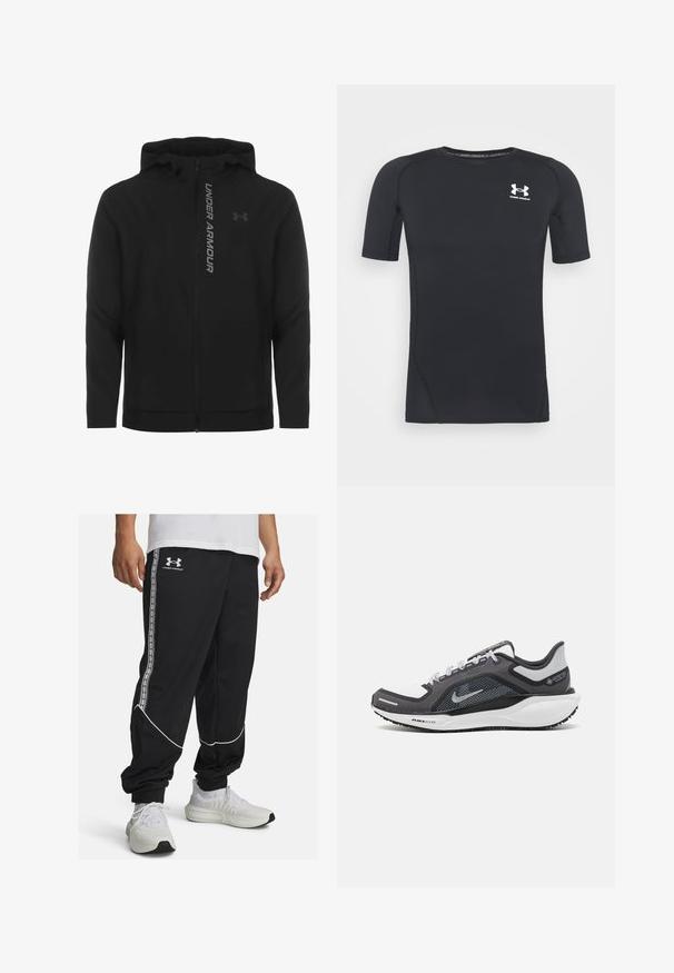 Čierna zipsová mikina s kapucňou vyrobená z jemného, ľahkého materiálu. Obsahuje reflexné logo "UNDER ARMOUR" a hladký povrch.; Čierne športové tričko s krátkym rukávom z látky, ktorá odvádza vlhkosť a je elastická. Má okrúhly výstrih a malú bielu nášivku na hrudi.; Čierne teplákové nohavice z hladkej látky, s bielym lemovaním a bočnými pruhmi s logom. Zúžený strih s elastickými manžetami pri členkoch.; Čierna a sivá športová obuv s vrchnou časťou z priedušného materiálu, reflexné akcenty a biely medzipodrážka. Obsahuje štruktúrovanú gumovú podrážku a šnúrky.