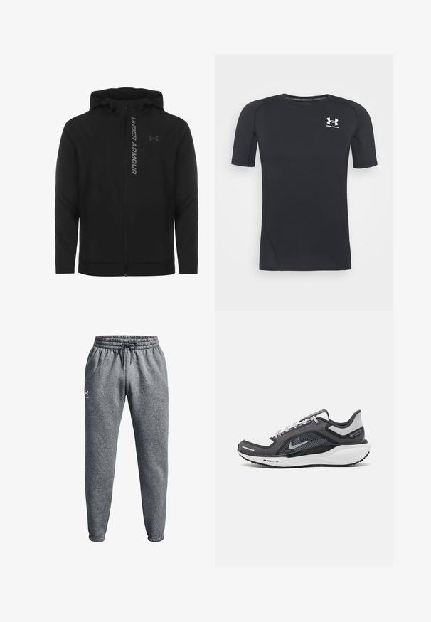 Czarna kurtka z kapturem zapinana na zamek, wykonana z miękkiego, lekkiego materiału. Posiada odblaskowe logo "UNDER ARMOUR" i gładką fakturę.; Czarny, krótki rękaw, sportowa koszulka wykonana z odprowadzającego wilgoć, elastycznego materiału. Posiada okrągły dekolt i małe białe logo na piersi.; Szare dresy wykonane z miękkiego materiału z elastycznym pasem i sznurkiem. Posiadają zwężane nogawki oraz logo po lewej stronie.; Czarne i szare buty sportowe z siateczkową cholewką, odblaskowymi akcentami i białą podeszwą środkową. Posiadają teksturowaną gumową podeszwę i sznurowadła.