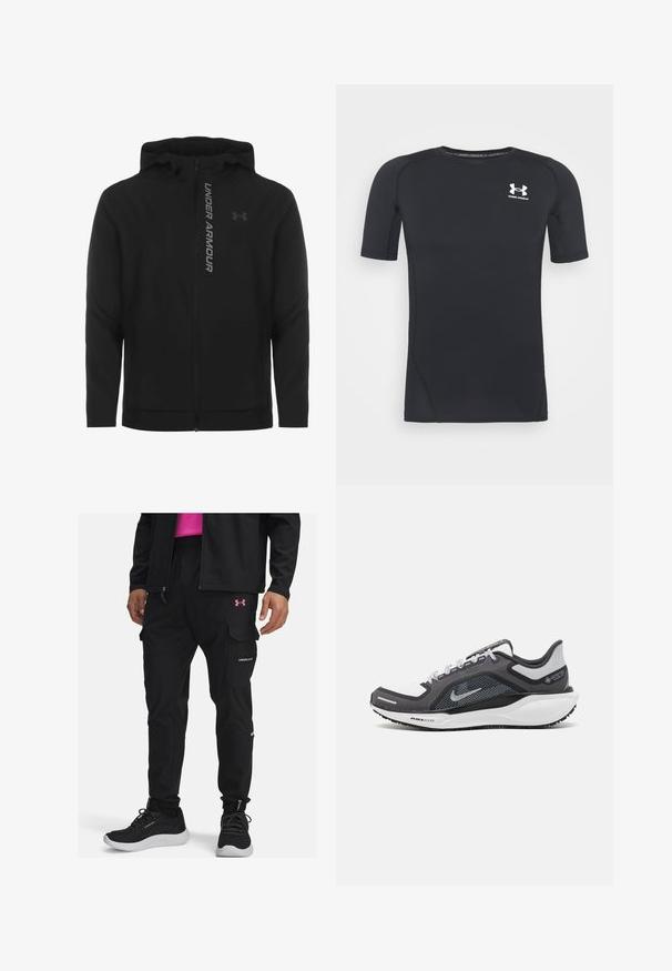 Juodas zip-up gobtuvu džemperis, pagamintas iš minkštos, lengvos medžiagos. Yra atspindintis "UNDER ARMOUR" logotipas ir glotni tekstūra.; Juodas trumpomis rankovėmis sportinis marškinėlis, pagamintas iš drėgmės sugeriančios, tamprios medžiagos. Turi apvalų iškirpimą ir mažą baltą logotipą ant krūtinės.; Juodos cargo kelnės su elastingais kraštais, daugybe kišenių ir rožine Under Armour logo ant šlaunies. Dėvimos su juodais sportiniais batais.; Juodas ir pilkas sportinis batelis su tinkleliu viršuje, atspindinčiais akcentais ir balta vidurinė dalimi. Yra tekstūruota guminė išorinė pada ir raišteliai.