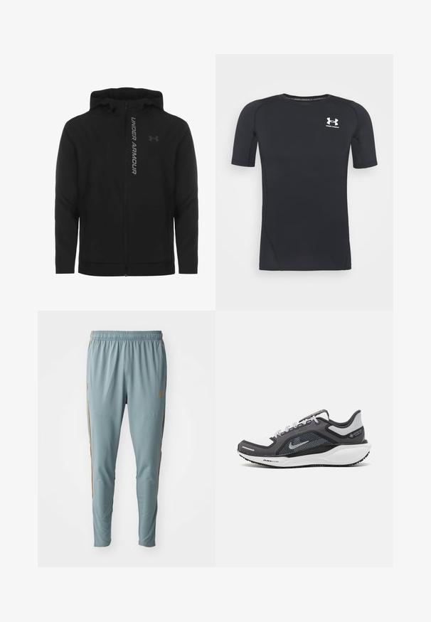 Czarna kurtka z kapturem zapinana na zamek, wykonana z miękkiego, lekkiego materiału. Posiada odblaskowe logo "UNDER ARMOUR" i gładką fakturę.; Czarny, krótki rękaw, sportowa koszulka wykonana z odprowadzającego wilgoć, elastycznego materiału. Posiada okrągły dekolt i małe białe logo na piersi.; Jasnoniebieskie spodenki sportowe wykonane z gładkiego materiału, z elastycznym paskiem w talii i pomarańczowymi akcentami po bokach. Dopasowany krój z zwężającymi się nogawkami.; Czarne i szare buty sportowe z siateczkową cholewką, odblaskowymi akcentami i białą podeszwą środkową. Posiadają teksturowaną gumową podeszwę i sznurowadła.