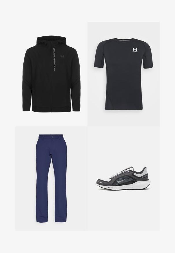 Černá zipová mikina s kapucí vyrobená z měkkého, lehkého materiálu. Obsahuje odrazový logo "UNDER ARMOUR" a hladkou texturu.; Černé sportovní tričko s krátkým rukávem vyrobené z materiálu odvádějícího vlhkost a pružného tkaniny. Má kulatý výstřih a malé bílé logo na prsou.; Námořnické modré kalhoty vyrobené z měkké, elastické tkaniny. Mají rovný střih, poutka na opasek a přední zapínání na knoflík.; Černá a šedá sportovní obuv s vrškem z prodyšné síťoviny, reflexními akcenty a bílou mezipodešví. Obsahuje texturovanou gumovou podrážku a tkaničky.
