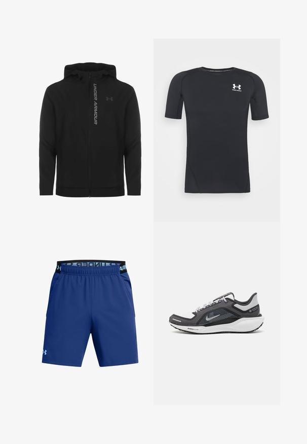 Musta vetoketjulla varustettu huppari, joka on valmistettu pehmeästä ja kevyestä materiaalista. Varustettu heijastavalla "UNDER ARMOUR" -logolla ja sileällä pinnalla.; Musta lyhythihainen urheilupaita, joka on valmistettu kosteutta siirtävästä, joustavasta kankaasta. Paidassa on pyöreä pääntie ja pieni valkoinen logo rinnassa.; Sinisiä urheilushortseja, joissa on elastinen vyötärö ja musta logo. Valmistettu kevyestä, sileästä materiaalista, jossa on sivutaskut.; Musta ja harmaa urheilukenka, jossa on verkkopäällinen, heijastavat yksityiskohdat ja valkoinen välipohja. Varustettu kuvioidulla kumipohjalla ja nauhoilla.