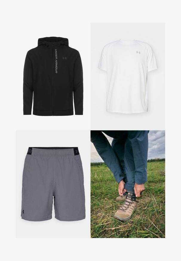 Must must erineva kapuutsiga jakk, mis on valmistatud pehmest ja kergest materjalist. Omab peegeldavat "UNDER ARMOUR" logo ja sujuvat tekstuuri.; Valge lühikeste varrukate ja sportliku lõikega särk, millel on sile kangas. Omab ümarat kaelust ja halli logo vasakul rinnal, ning külgsuured lõhik kui lõhateel.; Hallide hallid sportlikud lühikesed püksid kerge materjaliga, millel on elastne vöökohus mustade aktsentidega ja küljetaskud. Lihtne disain ilma mustriteta.; Küpsed matkajalatsid, millel on nöörid, võrgupaneelid ja kummist tallad. Inimene kohandab nööre, kandes tumedaid välitrahte heinamaal.