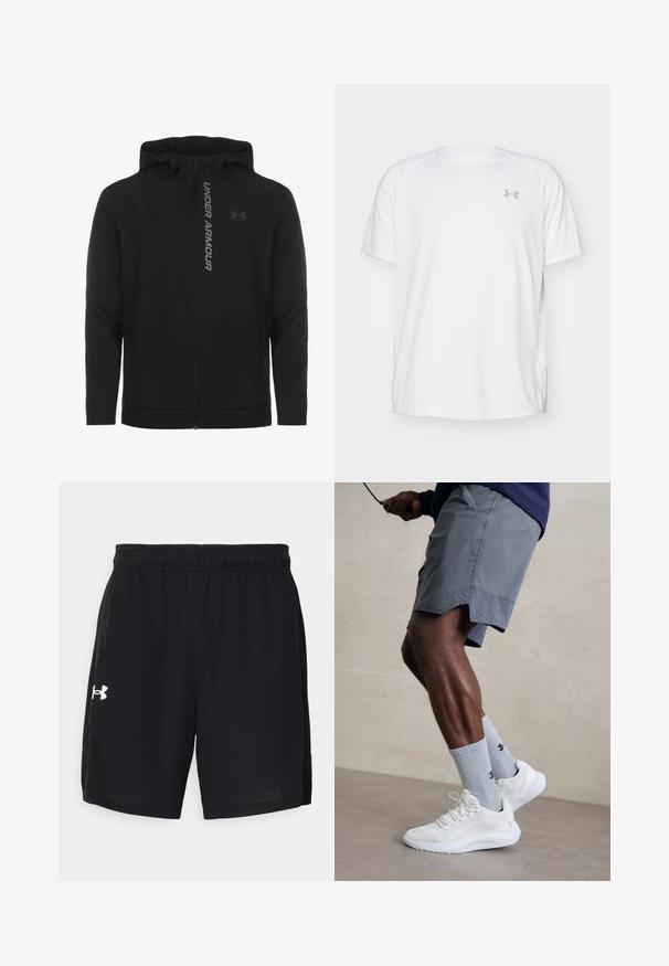 Black zip-up hooded jacket made of soft, lightweight material. Features reflective "UNDER ARMOUR" logo and a smooth texture.; White short-sleeve athletic shirt made of smooth fabric. Features a crew neck and gray logo on the left chest, with side slits at the hem.; Black athletic shorts made of lightweight fabric, featuring an elastic waistband and a white logo on the left side.; White athletic shoes with textured mesh upper, paired with light blue ribbed socks featuring a logo. Grey athletic shorts with perforated trim.