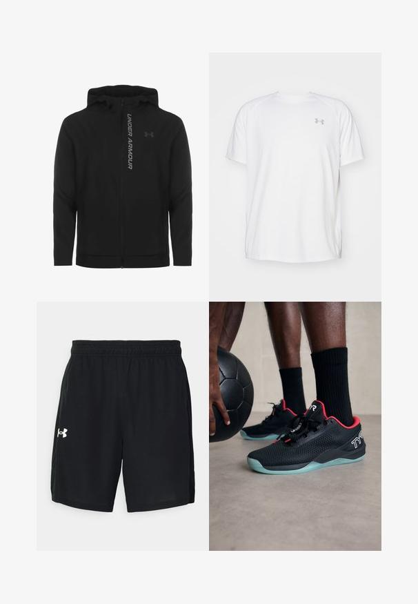 Schwarze, leichte Kapuzenjacke mit Reißverschluss aus weichem Material. Ausgestattet mit reflektierendem "UNDER ARMOUR"-Logo und einer glatten Struktur.; Weißes kurzärmeliges Sportshirt aus glattem Material. Mit Rundhalsausschnitt und grauem Logo auf der linken Brust, sowie seitlichen Schlitzen am Saum.; Schwarze Sportshorts aus leichtem Material mit elastischem Bund und einem weißen Logo auf der linken Seite.; Schwarze Sportschuhe mit roten Akzenten, Netz-Obermaterial, Schnürdesign und einer hellblauen durchsichtigen Sohle, neben einem schwarzen Ball.