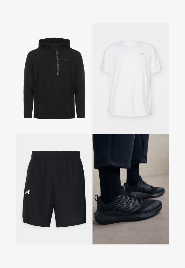Must must erineva kapuutsiga jakk, mis on valmistatud pehmest ja kergest materjalist. Omab peegeldavat "UNDER ARMOUR" logo ja sujuvat tekstuuri.; Valge lühikeste varrukate ja sportliku lõikega särk, millel on sile kangas. Omab ümarat kaelust ja halli logo vasakul rinnal, ning külgsuured lõhik kui lõhateel.; Mustad musta värvi sportlikud lühikesed püksid, mis on valmistatud kerge kangaga, elastse vöökoha ja valge logoga vasakul küljel.; Isik, kes kannab musti spordijalatsid, millel on tekstuurilised küljed ja logo, koos mustade sokkide ja lühikeste pükstega heledal põrandal.