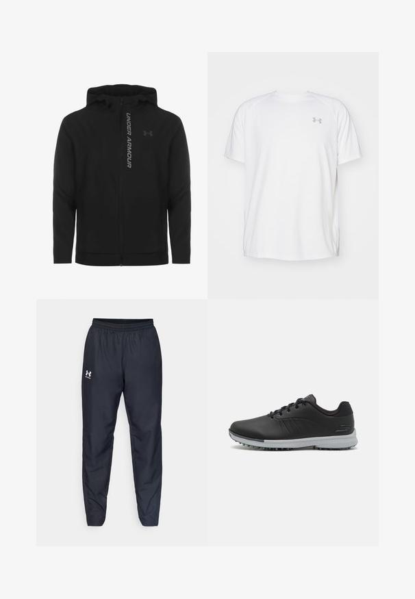 Sort lynlås hættejakke lavet af blødt, letvægtsmateriale. Har et reflekterende "UNDER ARMOUR"-logo og en glat overflade.; Hvid kortærmet sportsbluse lavet af glat stof. Har en rund halsudskæring og et gråt logo på venstre bryst, samt slidser i siderne ved kanten.; Sorte sportbukser med elastisk talje, tapered ben og et hvidt logo på siden. Fremstillet af letvægts, holdbart stof.; Sorte syntetiske golfsko med en struktureret overdel, snørebåndsdesign og en grå ydersål med pigge for godt greb.