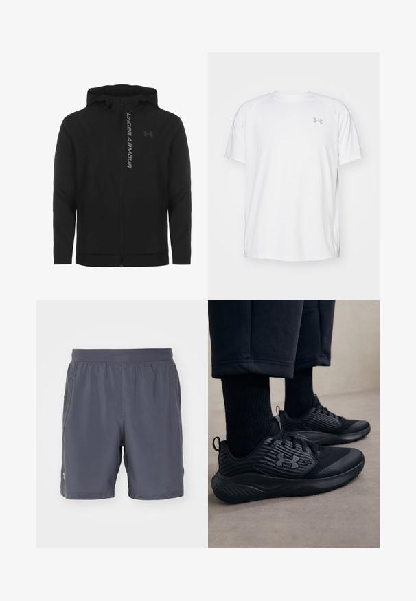 Schwarze, leichte Kapuzenjacke mit Reißverschluss aus weichem Material. Ausgestattet mit reflektierendem "UNDER ARMOUR"-Logo und einer glatten Struktur.; Weißes kurzärmeliges Sportshirt aus glattem Material. Mit Rundhalsausschnitt und grauem Logo auf der linken Brust, sowie seitlichen Schlitzen am Saum.; G raue Sportkurze Hosen aus leichtem, feuchtigkeitsableitendem Material. Mit elastischem Taillenbund und genähten Akzenten. Keine Taschen.; Person in schwarzen Sport Sneakers mit strukturierten Seiten und Logo, kombiniert mit schwarzen Socken und kürzeren Hosen auf einem hellen Boden.