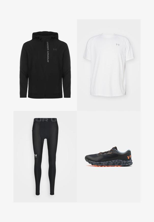 Černá zipová mikina s kapucí vyrobená z měkkého, lehkého materiálu. Obsahuje odrazový logo "UNDER ARMOUR" a hladkou texturu.; Bílé sportovní tričko s krátkým rukávem vyrobené z hladké látky. Má kulatý výstřih a šedé logo na levé straně hrudi, s bočními rozparky na lemu.; Černé kompresní legíny vyrobené z hladkého, flexibilního materiálu, které mají široký elastický pas s šedým logem "UNDER ARMOUR" a stylizovaným logem na dolní části nohy.; Černá sportovní obuv s texturovaným svrškem, šedými akcenty, oranžovými detaily, podešví s kamuflážním vzorem a systémem šněrování pro bezpečné uchycení.