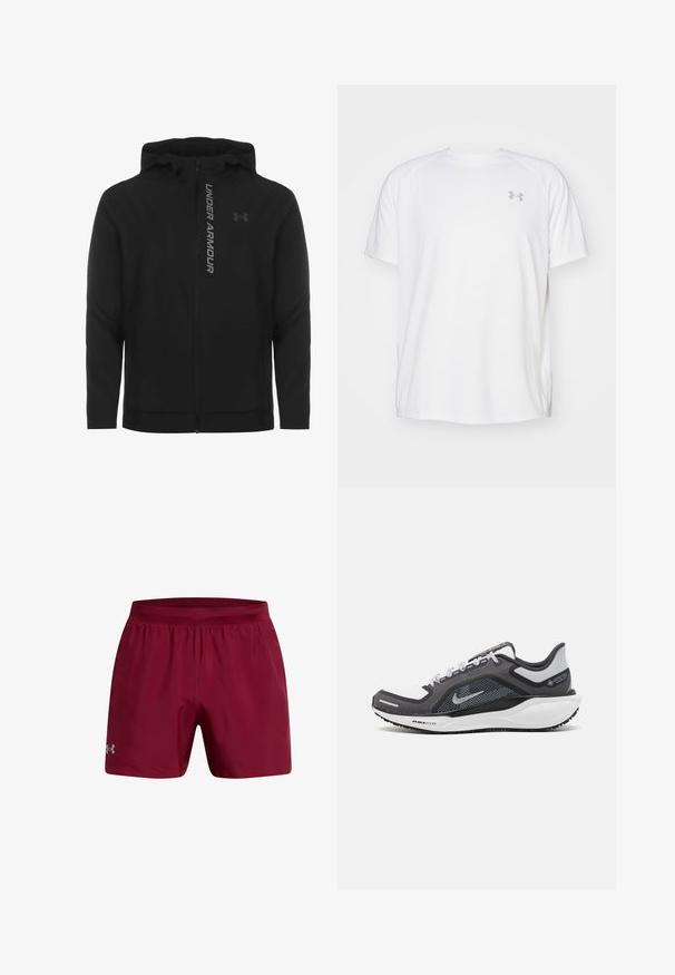 Czarna kurtka z kapturem zapinana na zamek, wykonana z miękkiego, lekkiego materiału. Posiada odblaskowe logo "UNDER ARMOUR" i gładką fakturę.; Biała, krótko rękawowa koszulka sportowa wykonana z gładkiego materiału. Posiada okrągły dekolt oraz szare logo po lewej stronie klatki piersiowej, z bocznymi rozcięciami u dołu.; Under Armour - Krótkie spodenki sportowe; Czarne i szare buty sportowe z siateczkową cholewką, odblaskowymi akcentami i białą podeszwą środkową. Posiadają teksturowaną gumową podeszwę i sznurowadła.