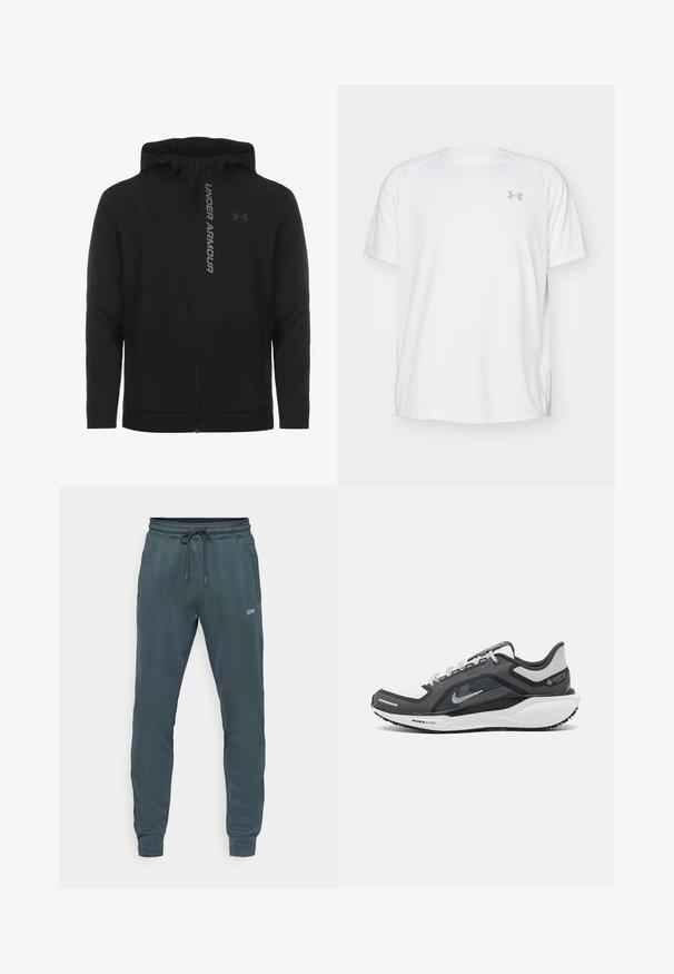 Melnā ar rāvējslēdzēju aizverama kapučjaka, kas izgatavota no mīksta, viegla materiāla. Tam ir atstarojošs "UNDER ARMOUR" logotips un gluda virsma.; Baltas īsajiem piedurknēm sporta krekls, izgatavots no gludas auduma. Tam ir apaļa kakla izgriezums un pelēks logo uz kreisās krūtis, kā arī sānu šķēlumi apakšmalā.; Tumši pelēki sporta bikses no mīksta auduma ar elastīgu jostu un auklu, sānu kabatām un nelielu logotipu priekšpusē.; Melnas un pelēkas sporta kurpes ar tīklu augšdaļu, atstarojošiem akcentiem un baltu starpzoli. Aprīkotas ar teksturētu gumijas zoli un šņorēm.