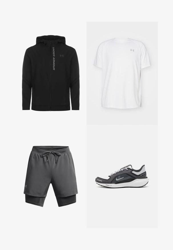 Černá zipová mikina s kapucí vyrobená z měkkého, lehkého materiálu. Obsahuje odrazový logo "UNDER ARMOUR" a hladkou texturu.; Bílé sportovní tričko s krátkým rukávem vyrobené z hladké látky. Má kulatý výstřih a šedé logo na levé straně hrudi, s bočními rozparky na lemu.; Pánské sportovní šortky ve tmavě šedé barvě, mají stahovací pas, materiál odvádějící vlhkost, vnější vrstvu s vnitřní přiléhavou podšívkou.; Černá a šedá sportovní obuv s vrškem z prodyšné síťoviny, reflexními akcenty a bílou mezipodešví. Obsahuje texturovanou gumovou podrážku a tkaničky.