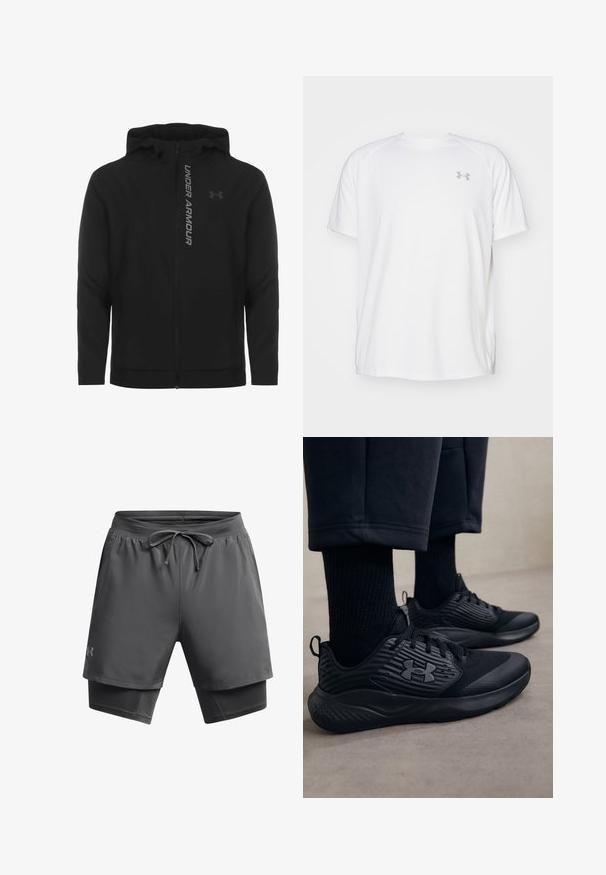 Melnā ar rāvējslēdzēju aizverama kapučjaka, kas izgatavota no mīksta, viegla materiāla. Tam ir atstarojošs "UNDER ARMOUR" logotips un gluda virsma.; Baltas īsajiem piedurknēm sporta krekls, izgatavots no gludas auduma. Tam ir apaļa kakla izgriezums un pelēks logo uz kreisās krūtis, kā arī sānu šķēlumi apakšmalā.; Vīriešu sporta šorti tumši pelēkā krāsā, ar saņemamu jostu, mitrumu atgrūdošu materiālu, ārējo slāni ar iekšējo piegulošo oderi.; Persona, kurš valkā melnus sporta apavus ar teksturētām sāniem un logo, kombinēti ar melnām zeķēm un īsām biksēm uz gaišas grīdas.