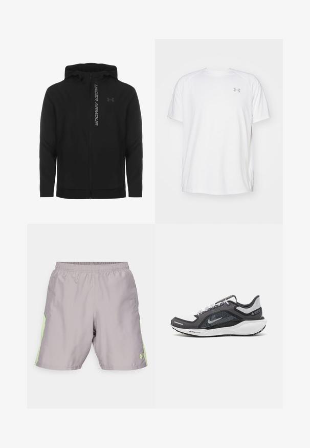 Black zip-up hooded jacket made of soft, lightweight material. Features reflective "UNDER ARMOUR" logo and a smooth texture.; White short-sleeve athletic shirt made of smooth fabric. Features a crew neck and gray logo on the left chest, with side slits at the hem.; Light gray athletic shorts with an elastic waistband, featuring bright green side accents and small logo on the lower right leg.; Black and gray athletic shoe with a mesh upper, reflective accents, and a white midsole. Features textured rubber outsole and laces.