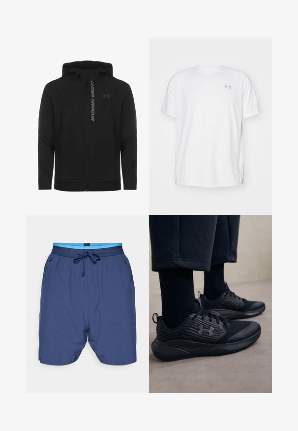 Black zip-up hooded jacket made of soft, lightweight material. Features reflective "UNDER ARMOUR" logo and a smooth texture.; White short-sleeve athletic shirt made of smooth fabric. Features a crew neck and gray logo on the left chest, with side slits at the hem.; Navy blue shorts with an elastic waistband, light blue accents, and side pockets. Made of a smooth, lightweight material.; Person wearing black athletic sneakers with textured sides and logo, paired with black socks and cropped pants on a light floor.