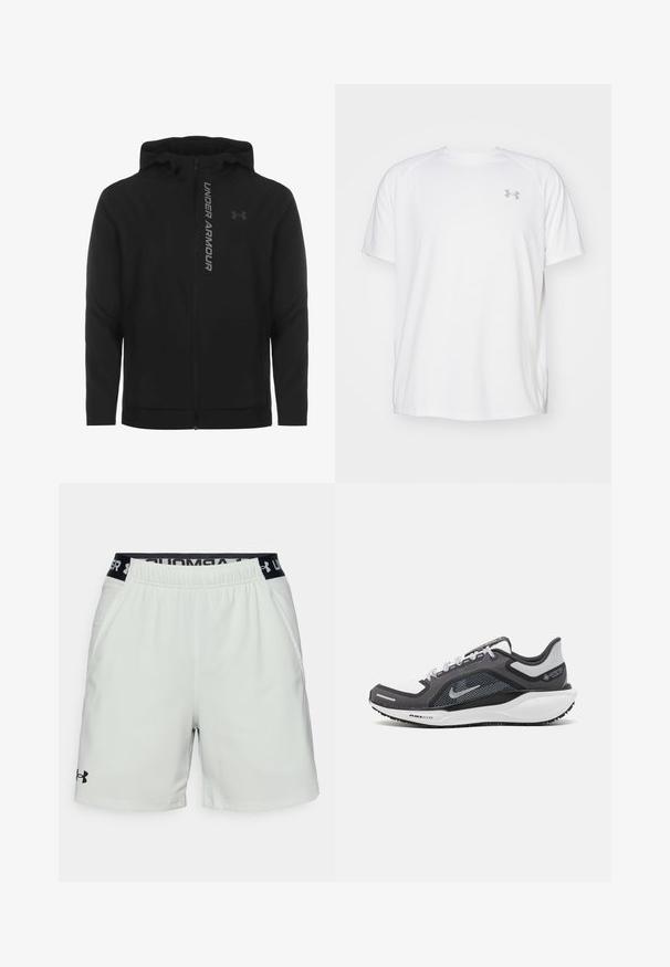 Chaqueta con capucha y cremallera negra hecha de material suave y ligero. Presenta un logotipo reflectante de "UNDER ARMOUR" y una textura lisa.; Camisa atlética de manga corta blanca, hecha de tejido suave. Presenta un cuello redondo y un logo gris en el lado izquierdo del pecho, con aberturas laterales en el dobladillo.; Pantalones cortos deportivos de color gris claro con cintura elástica negra que presenta el logo de "Under Armour", bolsillos laterales y una textura suave.; Zapatilla deportiva negro y gris con parte superior de malla, acentos reflectantes y una entresuela blanca. Presenta una suela de goma texturizada y cordones.