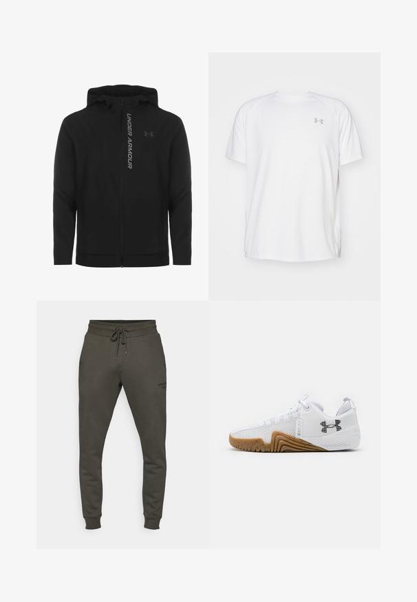 Čierna zipsová mikina s kapucňou vyrobená z jemného, ľahkého materiálu. Obsahuje reflexné logo "UNDER ARMOUR" a hladký povrch.; Biele atletické tričko s krátkym rukávom vyrobené z hladkej tkaniny. Má okrúhly výstrih a šedé logo na ľavej hrudi, so štrbinami po stranách na leme.; Tmavozelené teplákové nohavice vyrobené z mäkkej látky, s elastickým pásom na šnúrku a rebrovanými manžetami; jemný detail loga na nohe.; Biele atletické topánky s priedušným zvrškom, gumenou podrážkou v gumovej farbe, textúrovanými akcentmi a čiernym logom na boku.