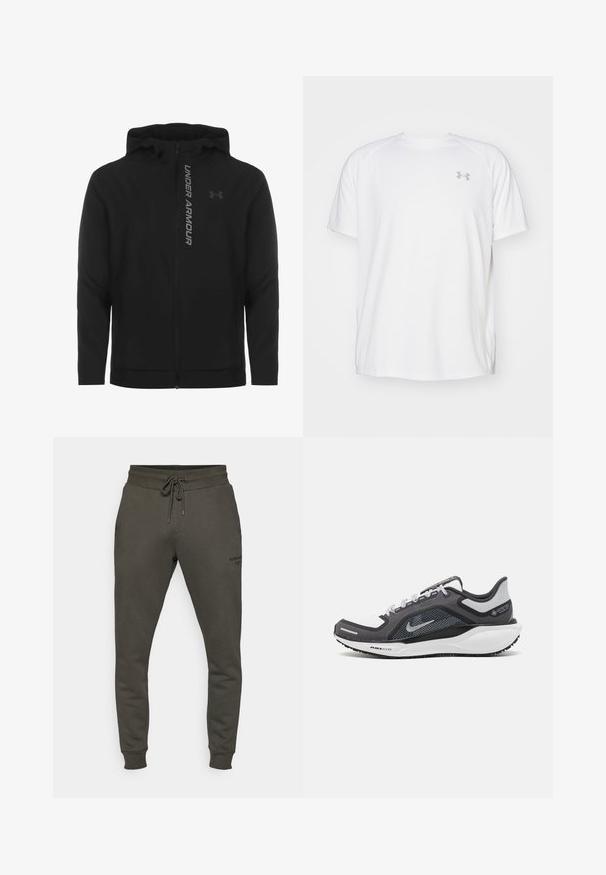 Schwarze, leichte Kapuzenjacke mit Reißverschluss aus weichem Material. Ausgestattet mit reflektierendem "UNDER ARMOUR"-Logo und einer glatten Struktur.; Weißes kurzärmeliges Sportshirt aus glattem Material. Mit Rundhalsausschnitt und grauem Logo auf der linken Brust, sowie seitlichen Schlitzen am Saum.; Dunkelolivgrüne Sweatpants aus weichem Stoff, mit einem elastischen Bund mit Kordelzug und gerippten Bündchen; dezentes Logodetail am Bein.; Schwarzer und grauer Sportschuh mit einem Mesh-Obermaterial, reflektierenden Akzenten und einer weißen Zwischensohle. Verfügt über eine strukturierte Gummisohle und Schnürsenkel.