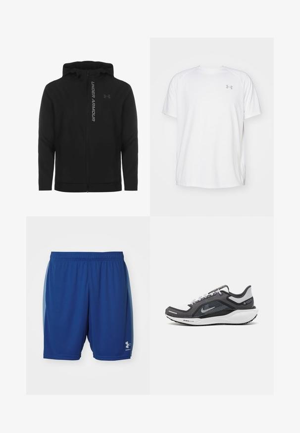 Melnā ar rāvējslēdzēju aizverama kapučjaka, kas izgatavota no mīksta, viegla materiāla. Tam ir atstarojošs "UNDER ARMOUR" logotips un gluda virsma.; Baltas īsajiem piedurknēm sporta krekls, izgatavots no gludas auduma. Tam ir apaļa kakla izgriezums un pelēks logo uz kreisās krūtis, kā arī sānu šķēlumi apakšmalā.; Zilas sporta bikses, kas izgatavotas no viegla auduma, ar elastīgu jostasvīru un mazu logo apakšējā labajā kājā.; Melnas un pelēkas sporta kurpes ar tīklu augšdaļu, atstarojošiem akcentiem un baltu starpzoli. Aprīkotas ar teksturētu gumijas zoli un šņorēm.