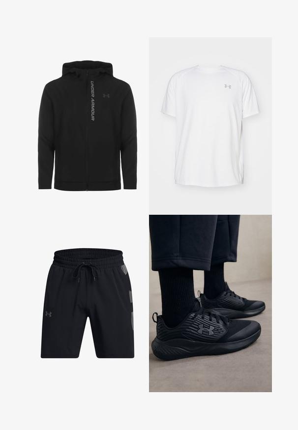 Melnā ar rāvējslēdzēju aizverama kapučjaka, kas izgatavota no mīksta, viegla materiāla. Tam ir atstarojošs "UNDER ARMOUR" logotips un gluda virsma.; Baltas īsajiem piedurknēm sporta krekls, izgatavots no gludas auduma. Tam ir apaļa kakla izgriezums un pelēks logo uz kreisās krūtis, kā arī sānu šķēlumi apakšmalā.; Under Armour BASELINE SHORT - Sporta šorti - black castlerock; Persona, kurš valkā melnus sporta apavus ar teksturētām sāniem un logo, kombinēti ar melnām zeķēm un īsām biksēm uz gaišas grīdas.