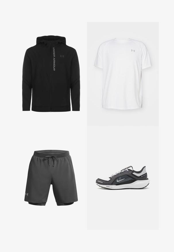 Black zip-up hooded jacket made of soft, lightweight material. Features reflective "UNDER ARMOUR" logo and a smooth texture.; White short-sleeve athletic shirt made of smooth fabric. Features a crew neck and gray logo on the left chest, with side slits at the hem.; Dark gray athletic shorts with an elastic waistband, adjustable drawstring, and inner mesh lining; features subtle branding on the left leg.; Black and gray athletic shoe with a mesh upper, reflective accents, and a white midsole. Features textured rubber outsole and laces.