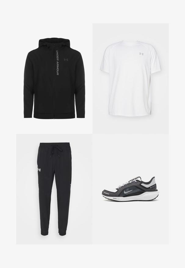 Musta vetoketjulla varustettu huppari, joka on valmistettu pehmeästä ja kevyestä materiaalista. Varustettu heijastavalla "UNDER ARMOUR" -logolla ja sileällä pinnalla.; Valkoinen lyhythihainen urheilupaita, joka on valmistettu sileästä kankaasta. Paidassa on pyöreä kaula-aukko ja harmaa logo vasemmassa rinnassa, sekä sivuhalkiot helmassa.; Mustat urheiluhousut, joissa on joustava vyötärö ja kiristysnauha, kapenevat lahkeet, sivutaskut ja valkoinen logodetail vasemmalla reidellä.; Musta ja harmaa urheilukenka, jossa on verkkopäällinen, heijastavat yksityiskohdat ja valkoinen välipohja. Varustettu kuvioidulla kumipohjalla ja nauhoilla.