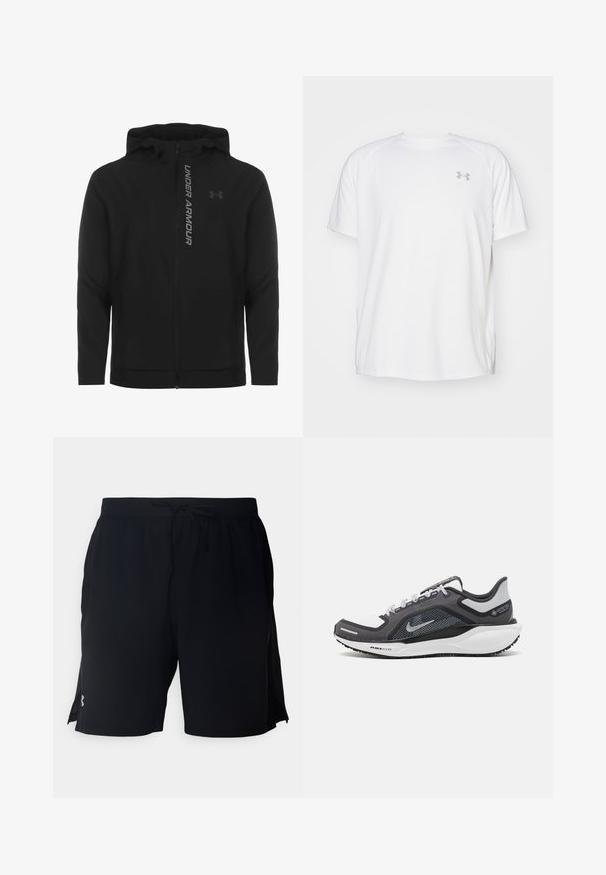 Black zip-up hooded jacket made of soft, lightweight material. Features reflective "UNDER ARMOUR" logo and a smooth texture.; White short-sleeve athletic shirt made of smooth fabric. Features a crew neck and gray logo on the left chest, with side slits at the hem.; Black athletic shorts made from lightweight fabric, featuring an elastic waistband with drawstring and side mesh panels for ventilation.; Black and gray athletic shoe with a mesh upper, reflective accents, and a white midsole. Features textured rubber outsole and laces.